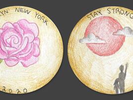 hand drawn coin with rose on one side and date 2020 and 2 people looking at sunset with words Stay Strong on the other side