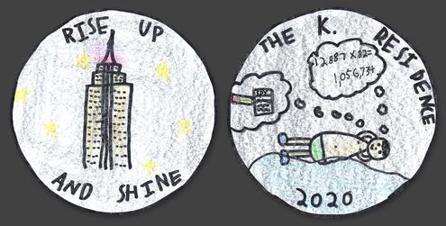 hand drawn coin with Empire State Building and words Rise Up and Shine one one side and the year 2020 and child dreaming on the other side