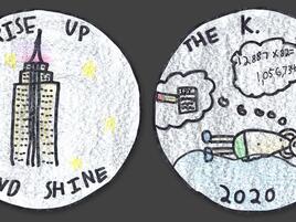 hand drawn coin with Empire State Building and words Rise Up and Shine one one side and the year 2020 and child dreaming on the other side