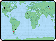 A map of the Earth with the western U.S. labeled 1., Patagonia in Argentina marked 2., Northern Africa labeled 3., and Mongolia labeled 4.