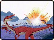 Illustration of a dinosaur turning to watch an explosion, the result of a meterorite hitting Earth, with more dinosaurs running in the background.