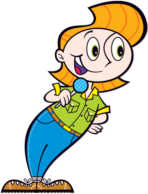 Cartoon person holding a microphone and wearing a button-up, jeans, and lace-up shoes.