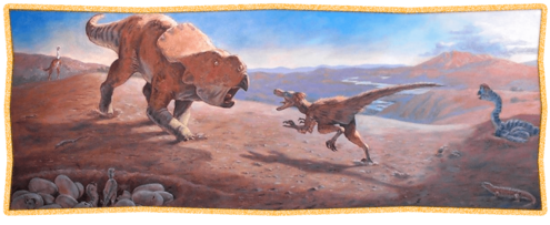 Painting of a T.rex and Velociraptor charging at each other