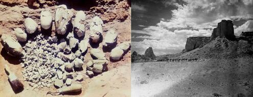 dinosaur eggs uncovered next to black and white landscape of Flaming Cliffs in Mongolia with caravan approaching