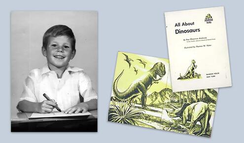 black and white student portrait of young boy and title page of book called All About Dinosaurs as well as illustrated scene of dinosaurs in landscape