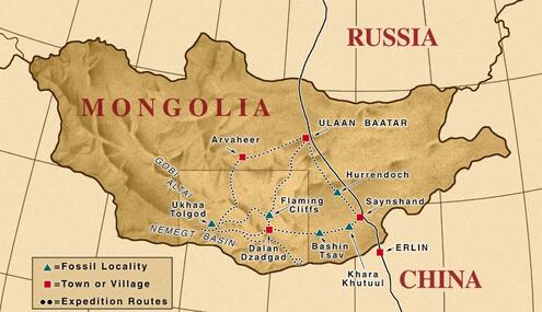 map of Mongolia with labels for towns and villages, fossil localities, and expedition routes