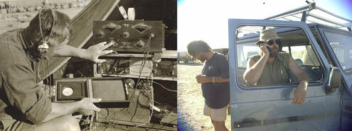 black and white photo of radio contact during early expeditions versus picture of 1990s team on jeep's GPS receiver