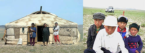 Woman in front of hut called a ger, and a group portrait of four nomadic children