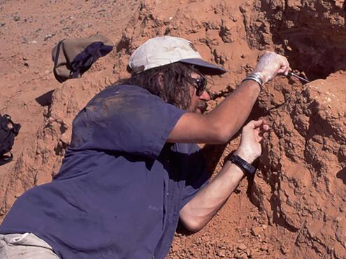 mark norell laying down and scraping rock with sharp tool 