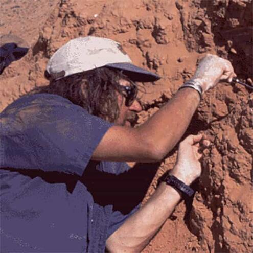 Mark Norell leaning against red rocks digging with tool