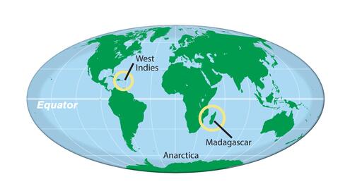 Globe with Madagascar and the West Indies circled