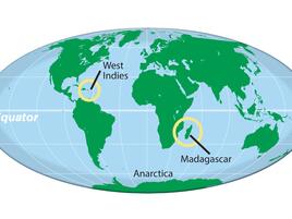 Globe with Madagascar and the West Indies circled