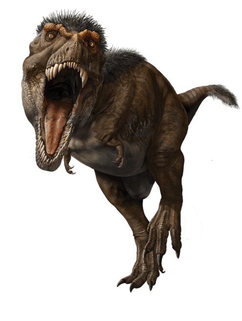 T. rex running with mouth open, showing many teeth.
