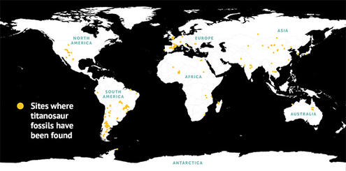 A map of the world with dots indicating sites on nearly every continent where titanosaur fossils have been found.