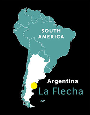 A map of South America with La Flecha on the coast of Argentina highlighted.