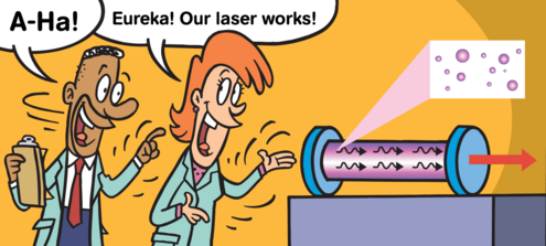 comic strip scene of 2 scientists viewing a laser and exclaiming "A-Ha! Eureka! Our laser works!"