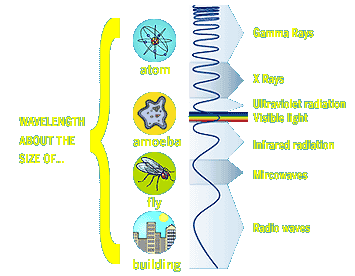 diagram showing wavelengths for gamma rays, x-rays, ultraviolet tradition, infrared radiation, microwaves, and radio waves