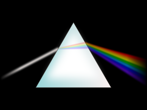 triangular prism separating 7 colors of the rainbow flowing out