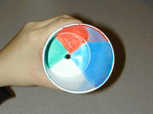 inside of white cup showing four quadrants, one white, one blue, one red, one green