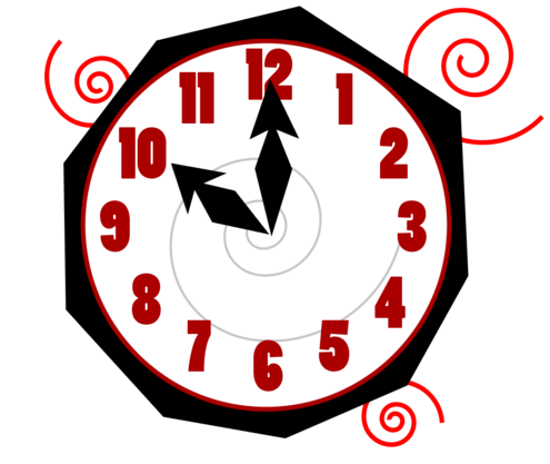 illustration analog clock reading 10:00 with swirl patterns behind it