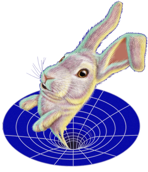 Illustration of rabbit being sucked down into a gridded black hole