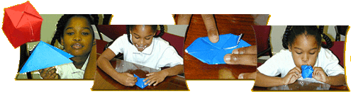 girl building origami waterbomb and example of finished product