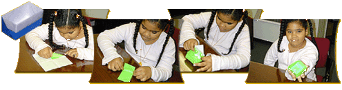 girl building origami simple box and example of finished product