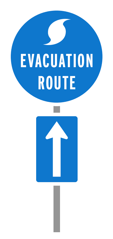 Sign with hurricane icon and text reading "evacuation route" with arrow pointing up