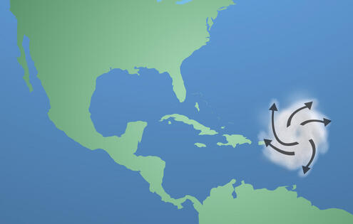 Map of southern North America, Central America and northern South America, with a representation of a storm forming on the Atlantic Ocean to the east of Dominica.