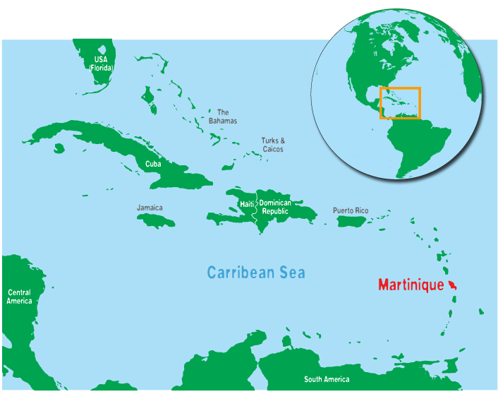 A map of the Caribbean Sea, highlighting the island of Martinique, with inset map of North and South America