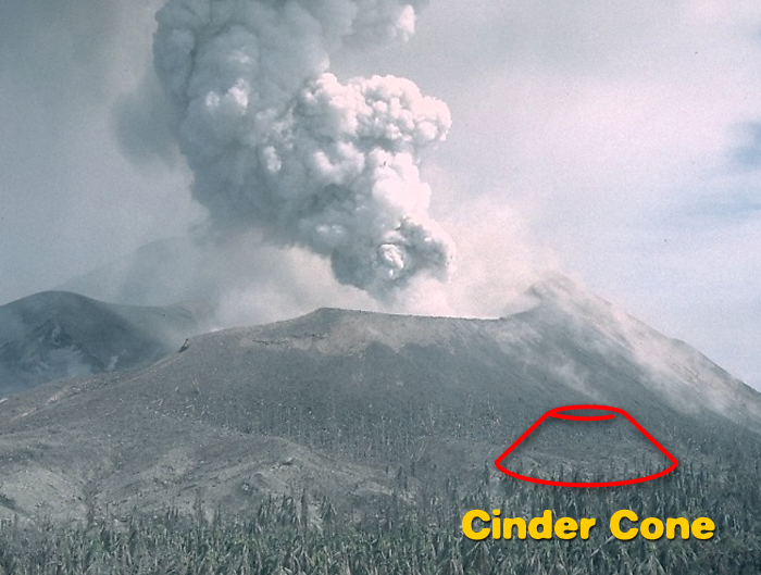 A dune-shaped volcano with a wide vent, emitting a cloud of ashy smoke.