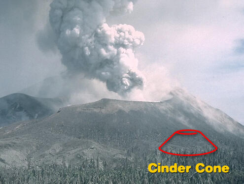 A dune-shaped volcano with a wide vent, emitting a cloud of ashy smoke. 