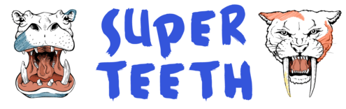 Super Teeth title with hippo and smilodon illustrations 