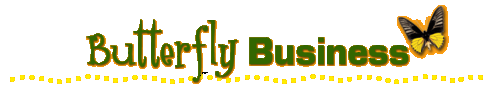 Stylized text reading "Butterfly Business" underlined with colorful dots, with an illustrated butterfly above the last "s."