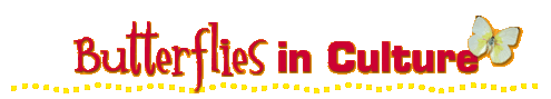Stylized text reading "Butterflies in Culture" underlined with colorful dots, with an illustrated butterfly above the last "e."