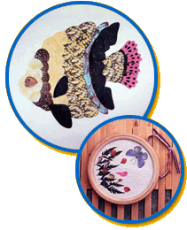 Overlapping circular images of handicrafts made with butterflies; on the left, a fish collage and on the right, a scene with plants and a butterfly.