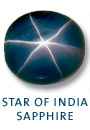 A large sapphire with light colored lines making a star shape across its surface labeled "Star of India Sapphire."