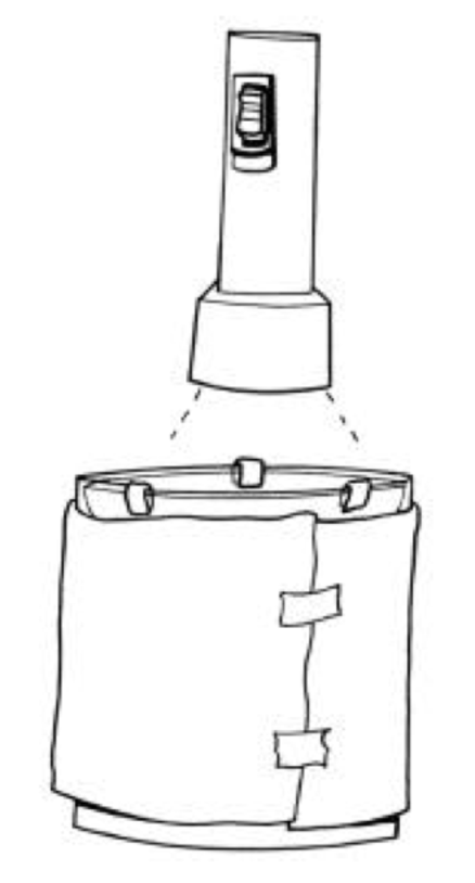 A sketch of the materials needed to make a handmade map projector, including a flashlight, paper and tape, and the cut-off bottom of a plastic bottle.