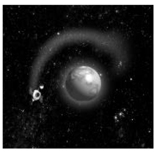 Black and white image of Earth in space, with an object leaving a trail as it circles Earth
