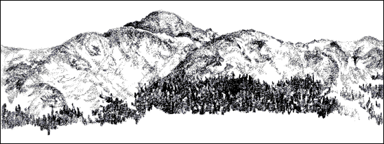 A black-and-white sketch of rounded barren mountains with trees at the base.