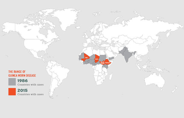 A world map highlighting countries with cases of guinea worm in 1986 and in 2015.