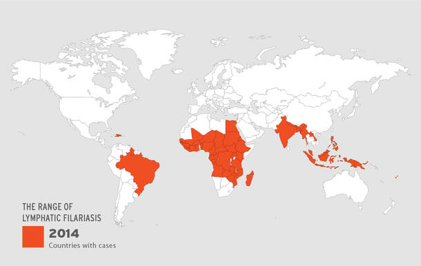 A map of the world with countries with cases of lymphatic filariasis in 2014 highlighted in a bright color.