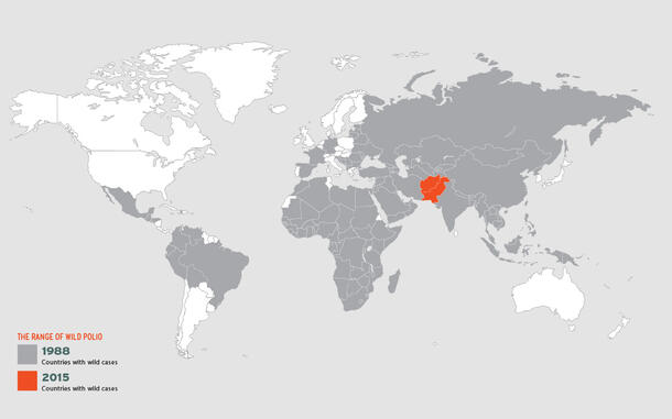 A map of the world highlighting countries with wild cases of polio in 1988 and in 2015 in two different colors. 
