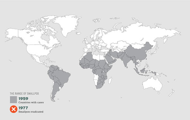 A world map with countries that had cases of smallpox in 1959 highlighted in a dark color.