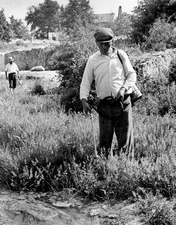 Two men, one in the foreground, hold pump sprayers and spray insecticide in a grassy area with a building in the background.