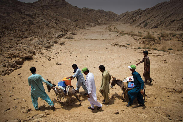 Six people in a desert transport two donkeys loaded with containers holding polio vaccines.