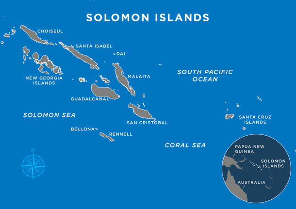 Map of the Solomon Islands which each island and surrounding seas labeled.