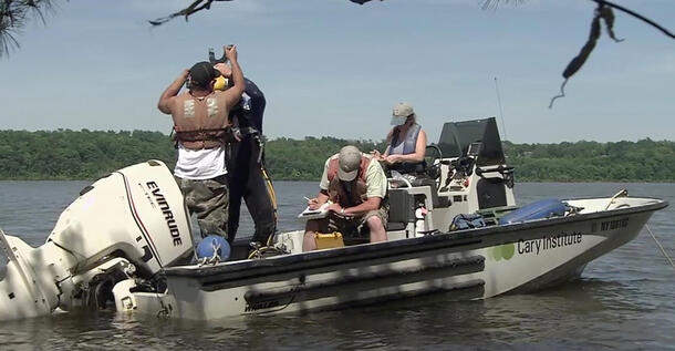 Four scientists, two standing and two sitting and taking notes, on a motorboat on the Hudson River.