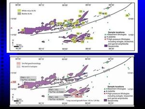 A split slide with two maps including the locations of jadeitite, serpentinite, and white mica samples.