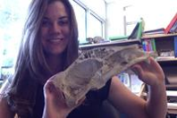 Dr. Abigail Curtis holds up a fossil specimen with both hands.